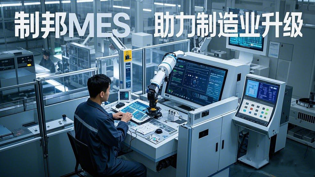 主題為 “制邦MES 助力制造業(yè)升級”。畫面呈現(xiàn)出一個現(xiàn)代化的智能工廠，車間里機械臂有序地工作，在工廠的中控室里，大屏幕上展示著生產(chǎn)數(shù)據(jù)和制邦MES的數(shù)據(jù)分析圖表，一位工程師正在通
